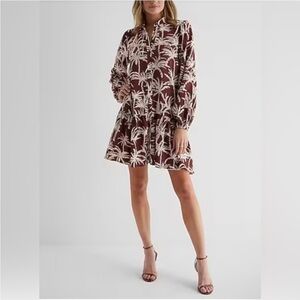 Express Oversized Shirt Dress Long Sleeve Button Down Brown Tropical Print Large